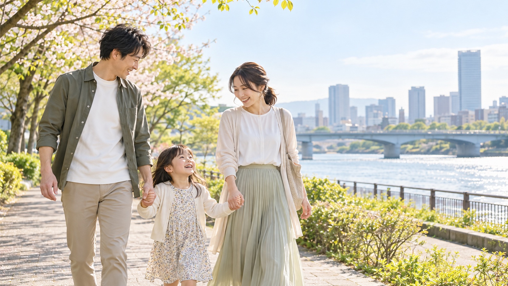公園を歩く家族の暮らし